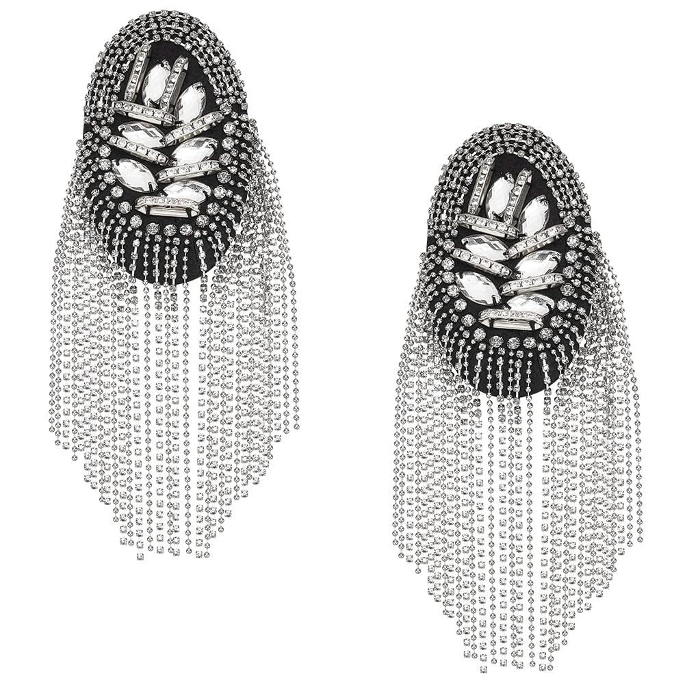 WADORN 2Pcs Fringe Rhinestone Tassel Chain Epaulets, Crystal Chain Shoulder Boards Badge Punk Diamond Shoulder Brooch Patch Epaulette Applique for Uniform Suit Dress Halloween Costume Decor, Platinum