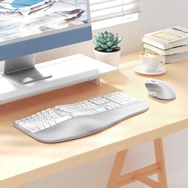 MEETION ERGONOMIC KEYBOARD AND MOUSE, WIRELESS KEYBOARD WITH VERTICAL MOUSE, SPLIT CURVED KEYBOARD WITH WRIST REST, NATURAL TYPING FULL SIZE, WINDOWS/MAC/COMPUTER/LAPTOP, GRAY