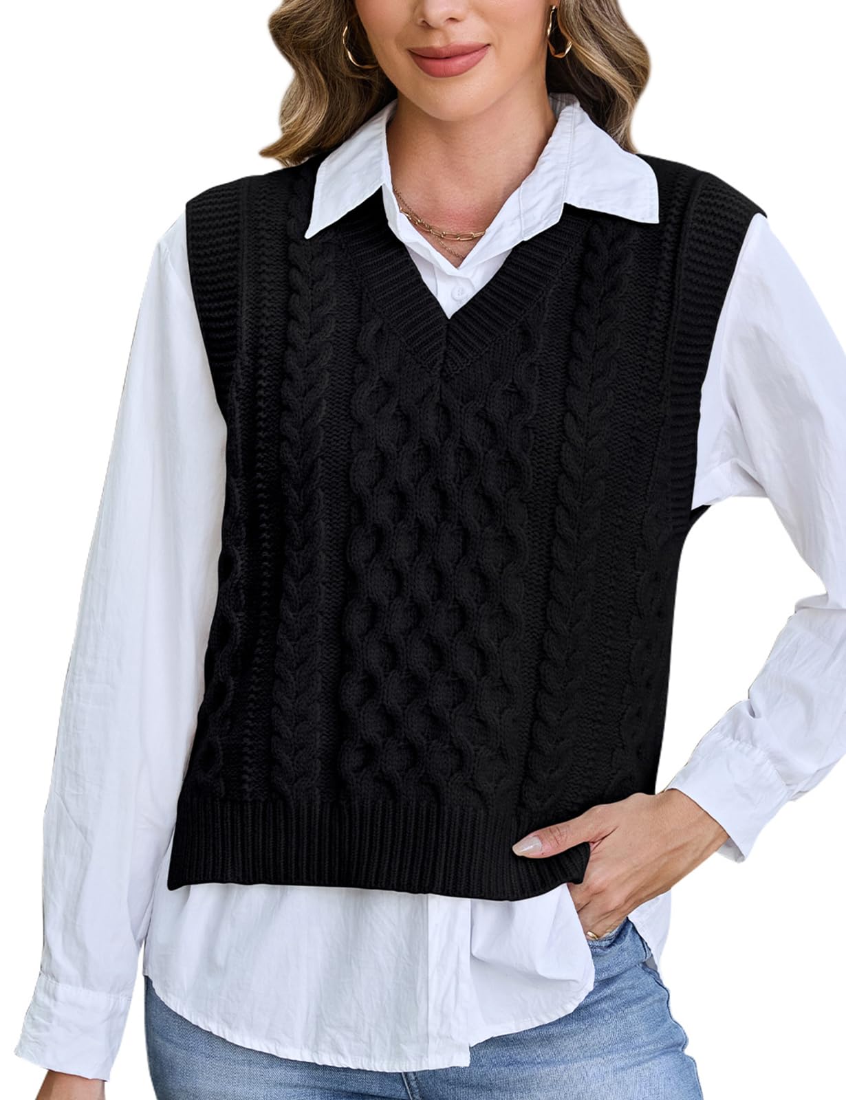 Photo 1 of Tanst Sky Sweater Vest Tops for Women, Ladies V Neck Cable Knit Sweaters Sleeveless Ribbed Cropped Pullover Casual Solid Color Preppy Clothes Black - L