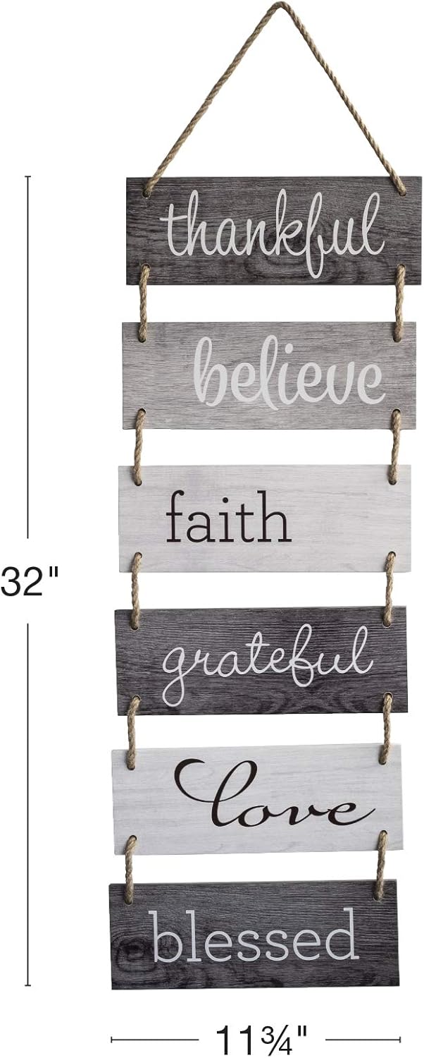 Excello Global Products Large Hanging Wall Sign: Rustic Wooden Decor (Grateful, Love, Believe, Thankful, Faith, Blessed) Hanging Wood Wall Decoration (11.75" x 32"): Home & Kitchen