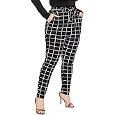 Floerns Women's Plus Size Plaid Pants Leggings Stretchy Elastic Waist Work Skinny Pants