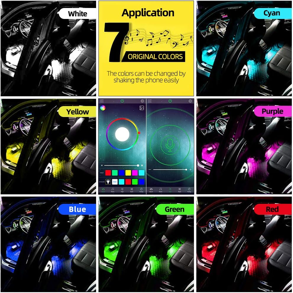 Car Interior Lights, Caferria Car LED Strip Light 4pcs 48 LED App Controller Waterproof Multi DIY Color Music Under Dash Car Lighting Kits with Sound Active Function for Smart Phone, Car Charger DC 12: Car Electronics
