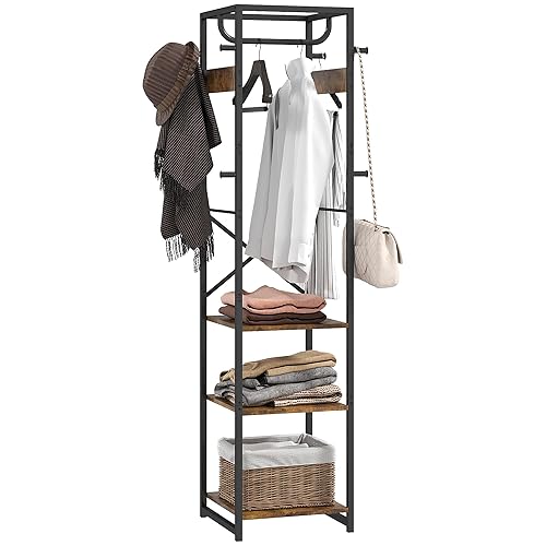 HOMCOM Coat Rack, Freestanding Coat Stand with 8 Hooks and 3 Shelves, Clothes Stand for Hallway, Entryway, Bedroom, 170 x 38.5 x 30 cm, Rustic Brown