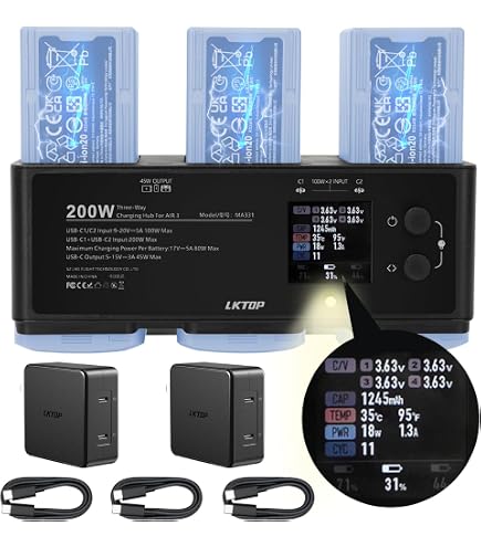 LIMETA Hub De Charge 200W Pour DJI Air 3 / Air 3S - Chargeur Parallèle 3 Canaux USB Rapide Avec Écran LED Et Décharge