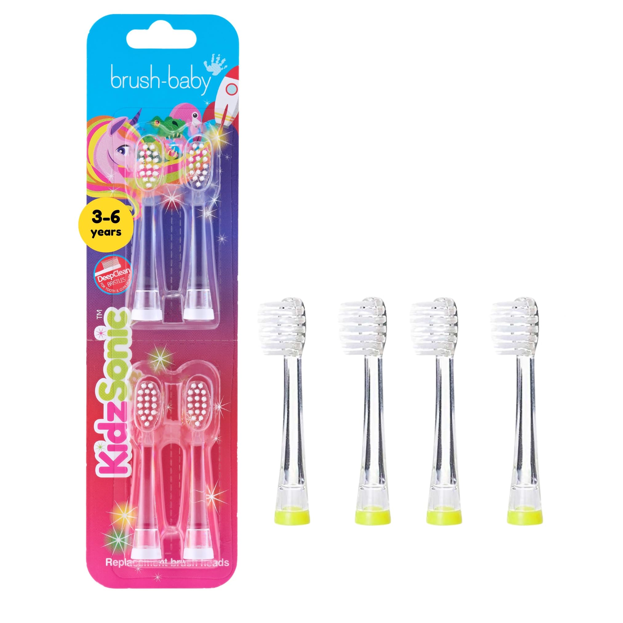 Brush-Baby - Kids Replacement Brush Heads for KidzSonic Electric Toothbrushes, 3+ Years - DeepClean Replaceable Toothbrush Heads with LED - Pack of 4