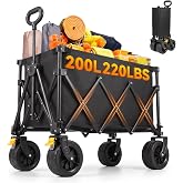 Collapsible Folding Wagon Cart 220 LBS Heavy Duty Utility Beach Wagon | with Adjustable Pull Handle, Compact Foldable Storage Cart for Beach, Camping, Grocery Shopping, Picnic &amp; Outdoor Travel