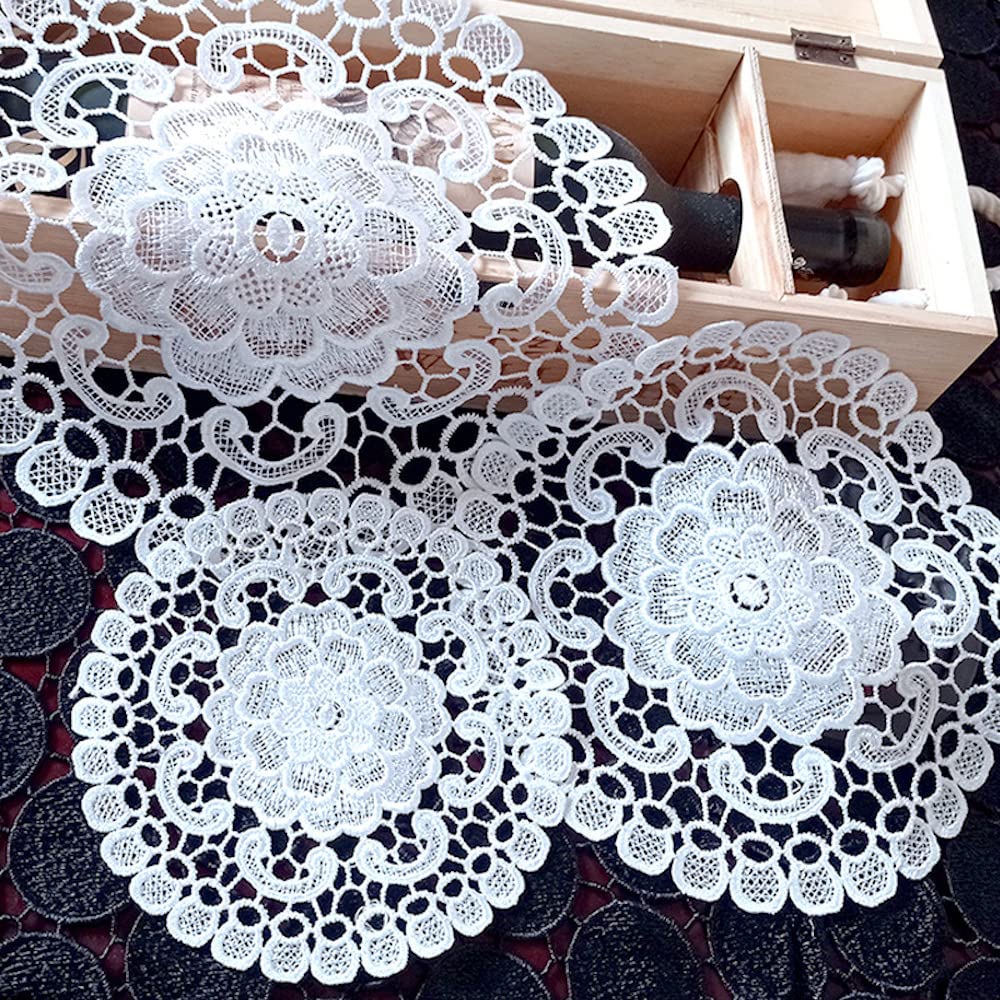 Set of 4 White Lace Embroidery Table Placemats, Lace Coasters, Round Flower Shape Mat, Place Mats, Table Mats, Full Crochet Doilies Cup Coasters for Dining Room, Kitchen, Banquet, Wedding Decoration,