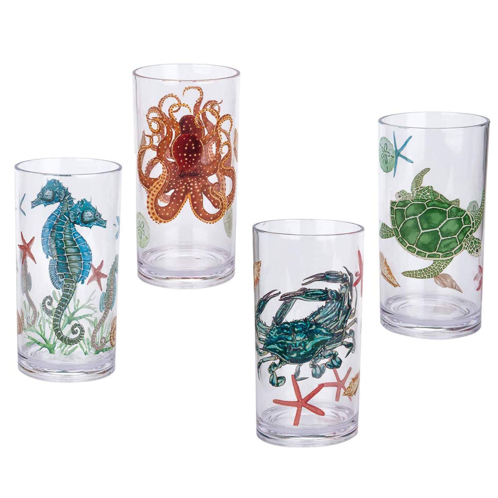 KX-WARE Sea Ocean Life 20-ounce Plastic Tumbler Drinking Glasses Mixed Drinkware Sets, set of 4 Multicolor