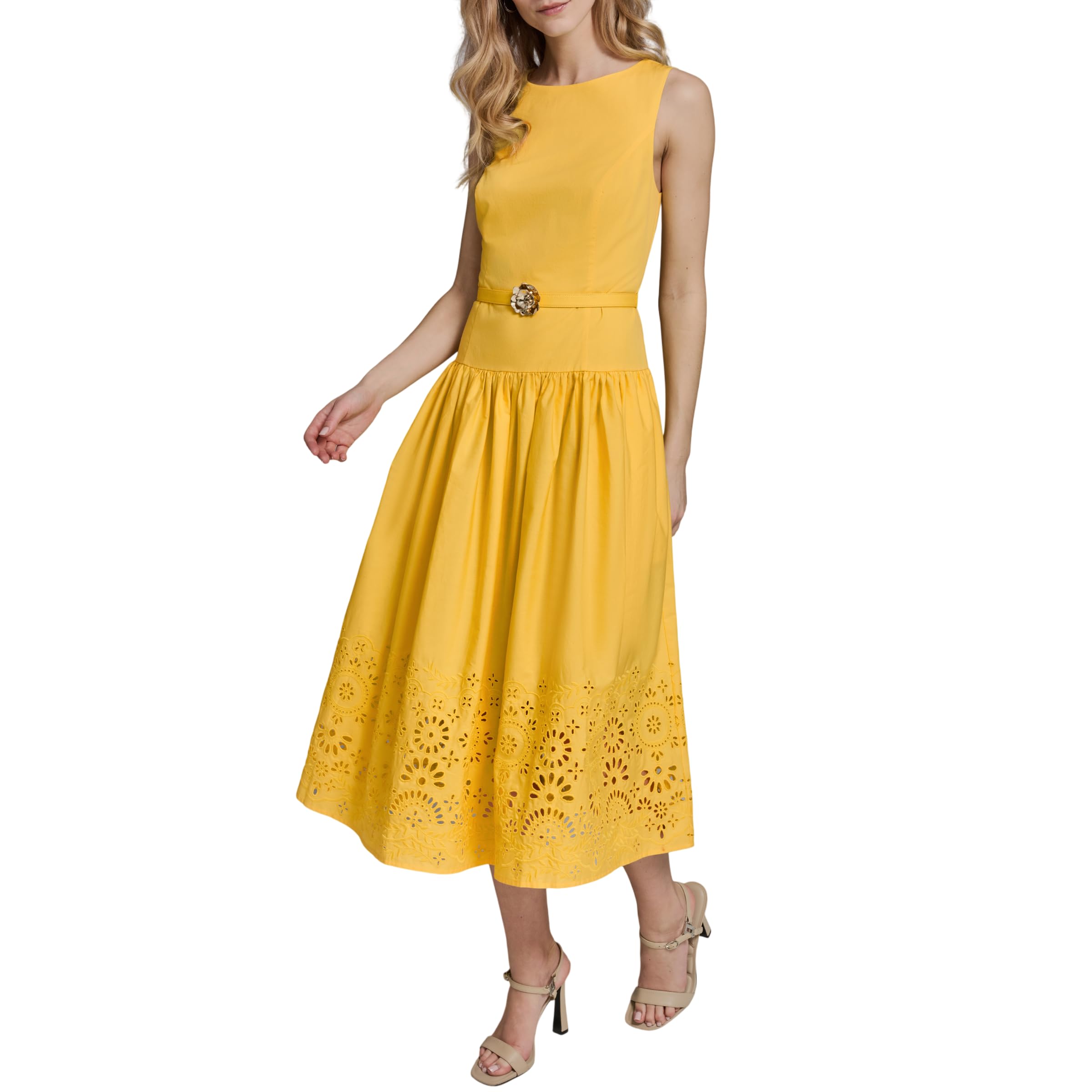 KARL LAGERFELD Paris Women’s Sleeveless Boat Neck Drop Waist Belted Midi Dress, Canary Yellow, 6