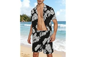 Men Short Sets Outfits Floral Print Set Lightweight Button Down Shirt and Quick-Dry Shorts