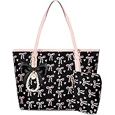 Abbylike Coquette Tote Bag for Women Leather Pink Bow Handbags with Cute Bow Charm Bag with Pouch for Women