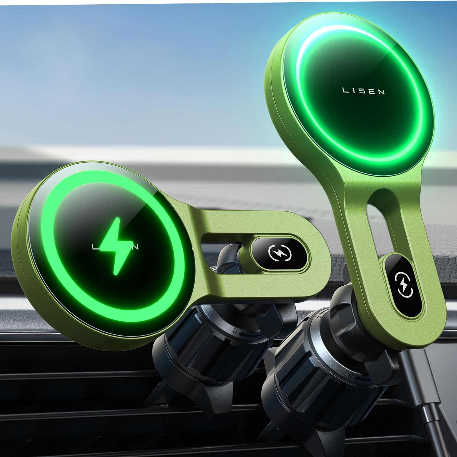 LISEN for 15W MagSafe Car Mount Charger, [Safer & Faster] Vent Magnetic Wireless Car Charger, Car Vent Phone Mount Charger Fits iPhone 16 Pro Max Plus 15 14 13 12, Samsung with MagSafe Case, Green