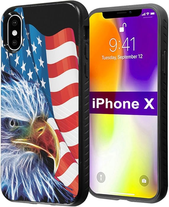 iPhone X Case, Capsule-Case Embossed Diagonal Lines Hybrid Dual Layer Slim Armor Case (Black) for iPhone X - (American Eagle)
