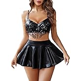 Avidlove Rave Outfits for Women Sequin Fringe Outfits Cosplay Lingerie 3pack Costume Set with Metallic Skirt Black XXL