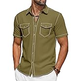 Runcati Mens Button Down Shirts Short Sleeve Casual Cotton Linen Shirt Western Cowboy Tops with Pockets