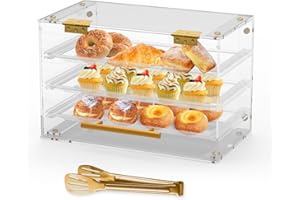 NGDILUXURY Bakery Display Case Countertop,3 Tray Pastry Display Case with Serving Tong Commercial Clear Acrylic Bread Box Display Case with Front Door for Cookie Food Donut Deseert Cupcake Bagels Cake