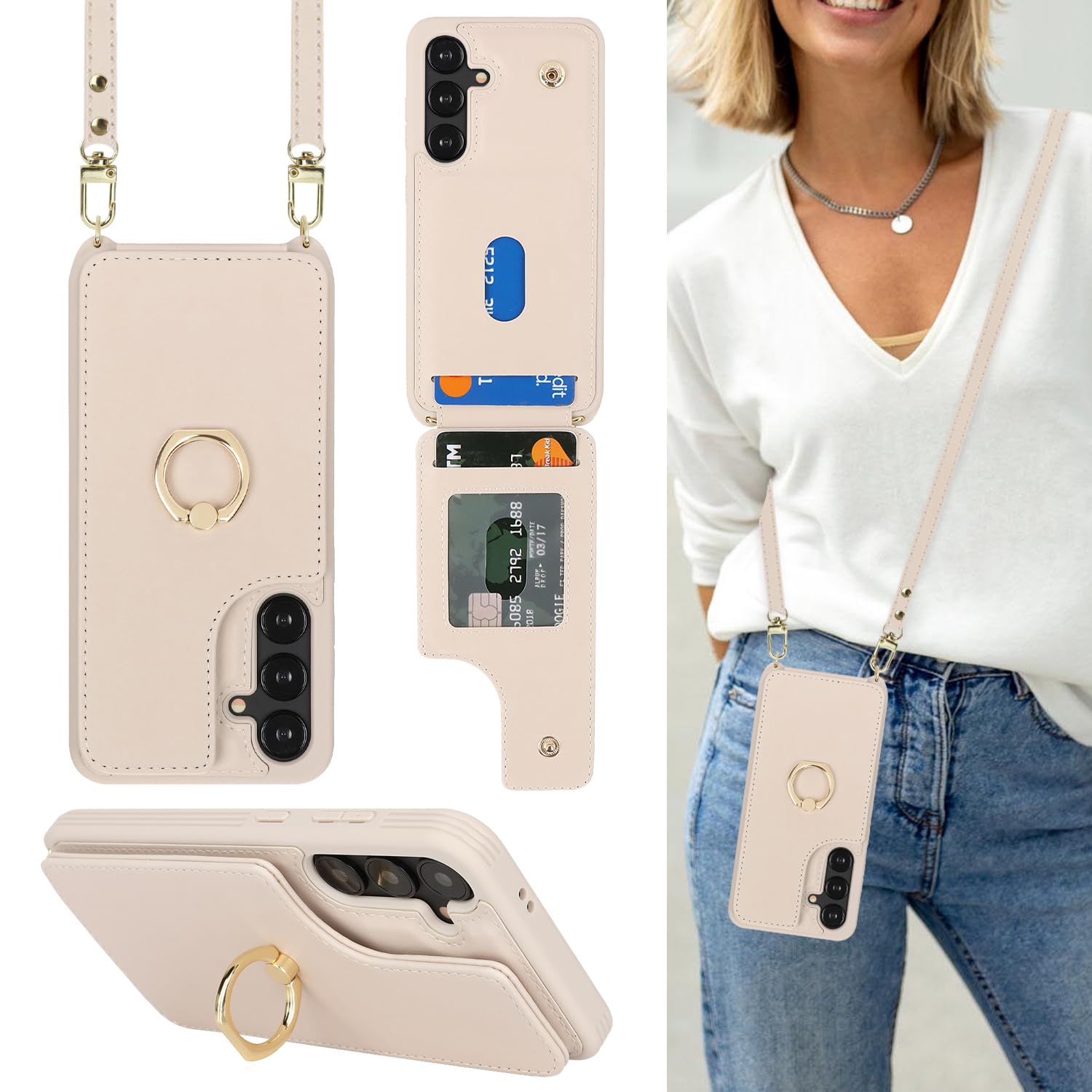 Lipvina for Samsung Galaxy S24 Case with Card Holder and Strap for Women,Crossbody Lanyard,RFID Blocking,Stand Ring Kickstand,Snap Clasp,Phone Wallet Cases 6.2 inch(Beige)
