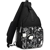 MOSISO Sling Backpack Bag, Retro Flower Crossbody Shoulder Bag Travel Hiking Daypack Chest Bag with Front Square Pocket&USB Charging Port, Black