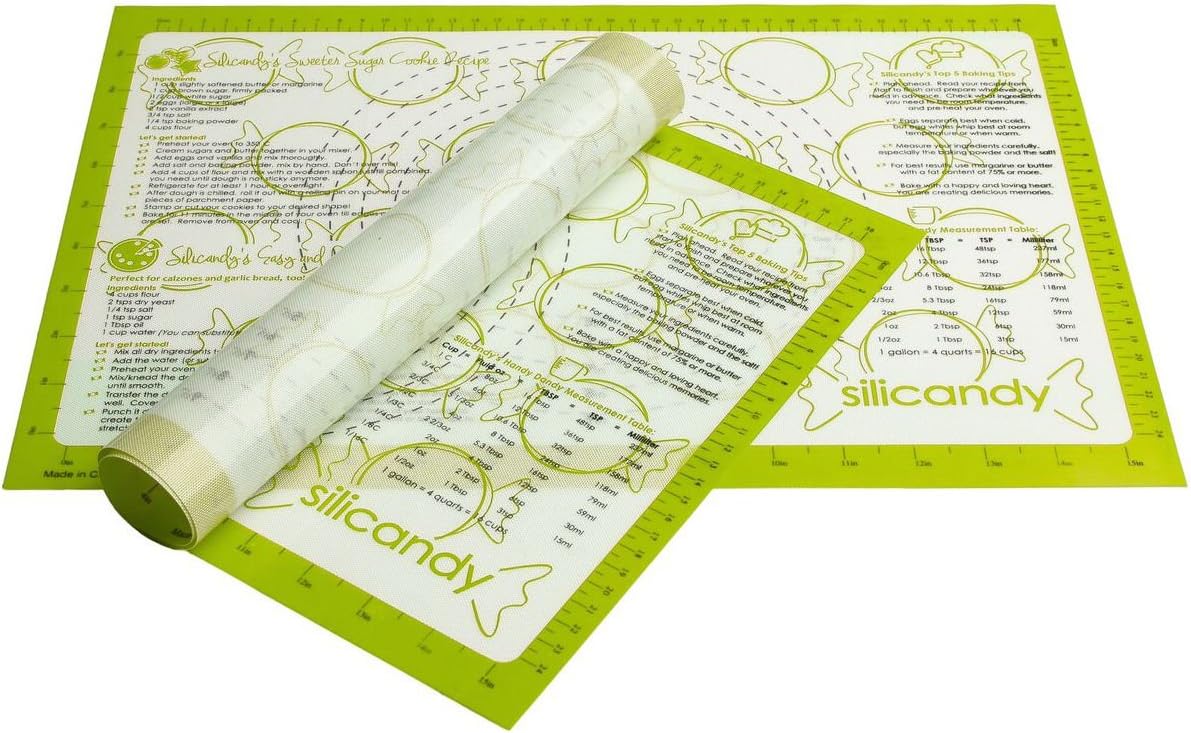 NonStick Silicone Baking Mats - 2 pc Set - Silicandy Rectangular Mats with Fiberglass are Great for Cooking with Kids - Kitchen Tool Includes Measurements, Recipes & More Printed Directly on Mat! [Green] by Silicandy