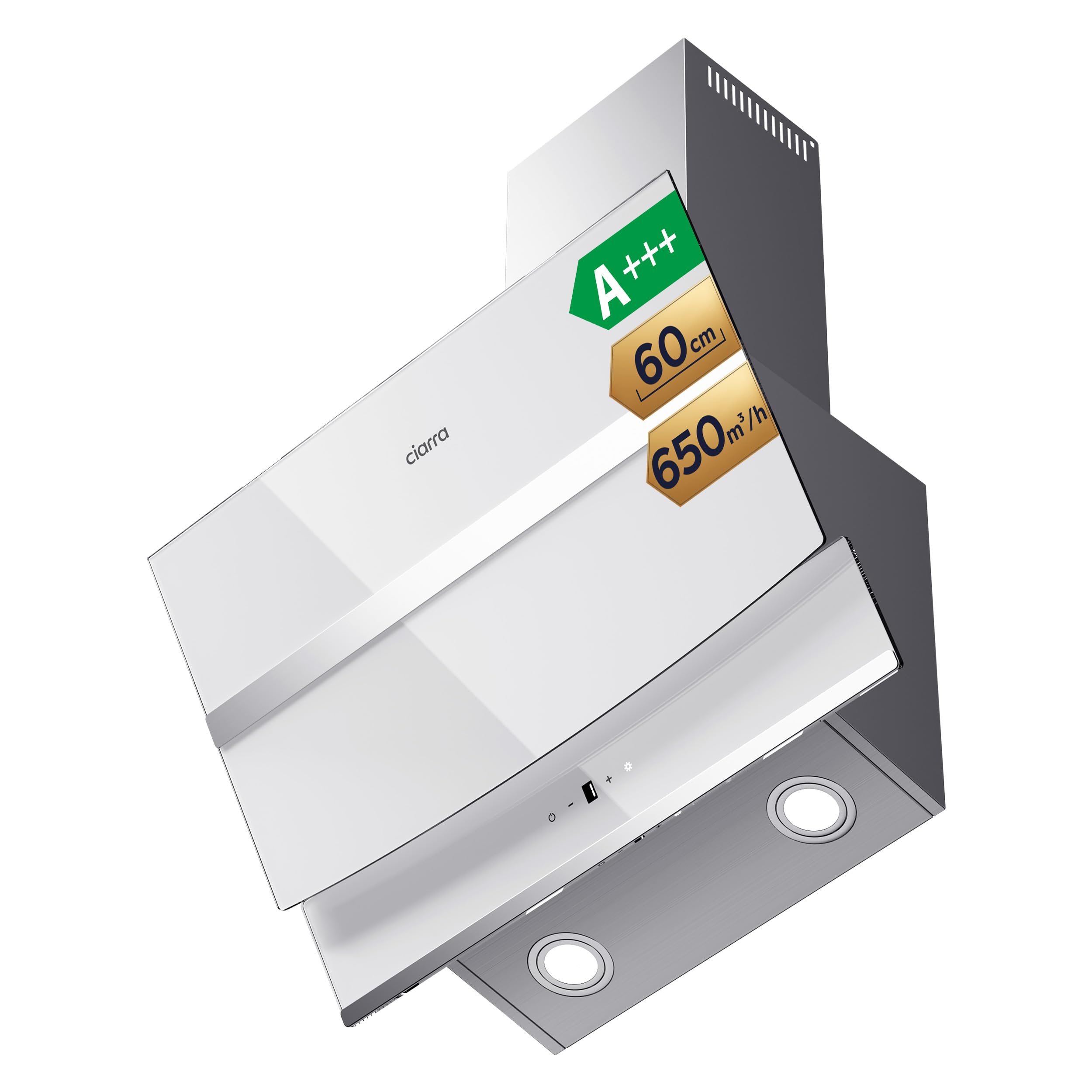 CIARRA CBCW6736N Class A+++ 650m³/h Touch Control Angled Cooker Hood 60cm with LED Lights Recirculating & Ducting Wall Mounted Range Hood 600mm Kitchen Extractor Fan