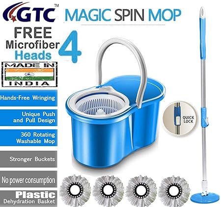 GTC Floor Cleaning PVC Dryer Bucket Mop with 4 Refills Color May Vary (Made in India)