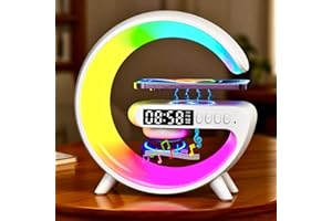EQF LED Table Lamp with Wireless Charger, G Shaped Night Light Lamp with Bluetooth Speaker, Sunrise Alarm Clock, Smart Mini Atmosphere Lamp for Bedroom, Office, Living Area (White)