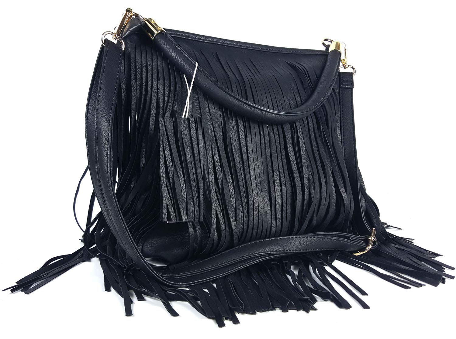 GFM® Faux Leather Tassel Shoulder Bag With Soft Fringes - Black - (DRV)(Style 3-1898-F1618-KL)