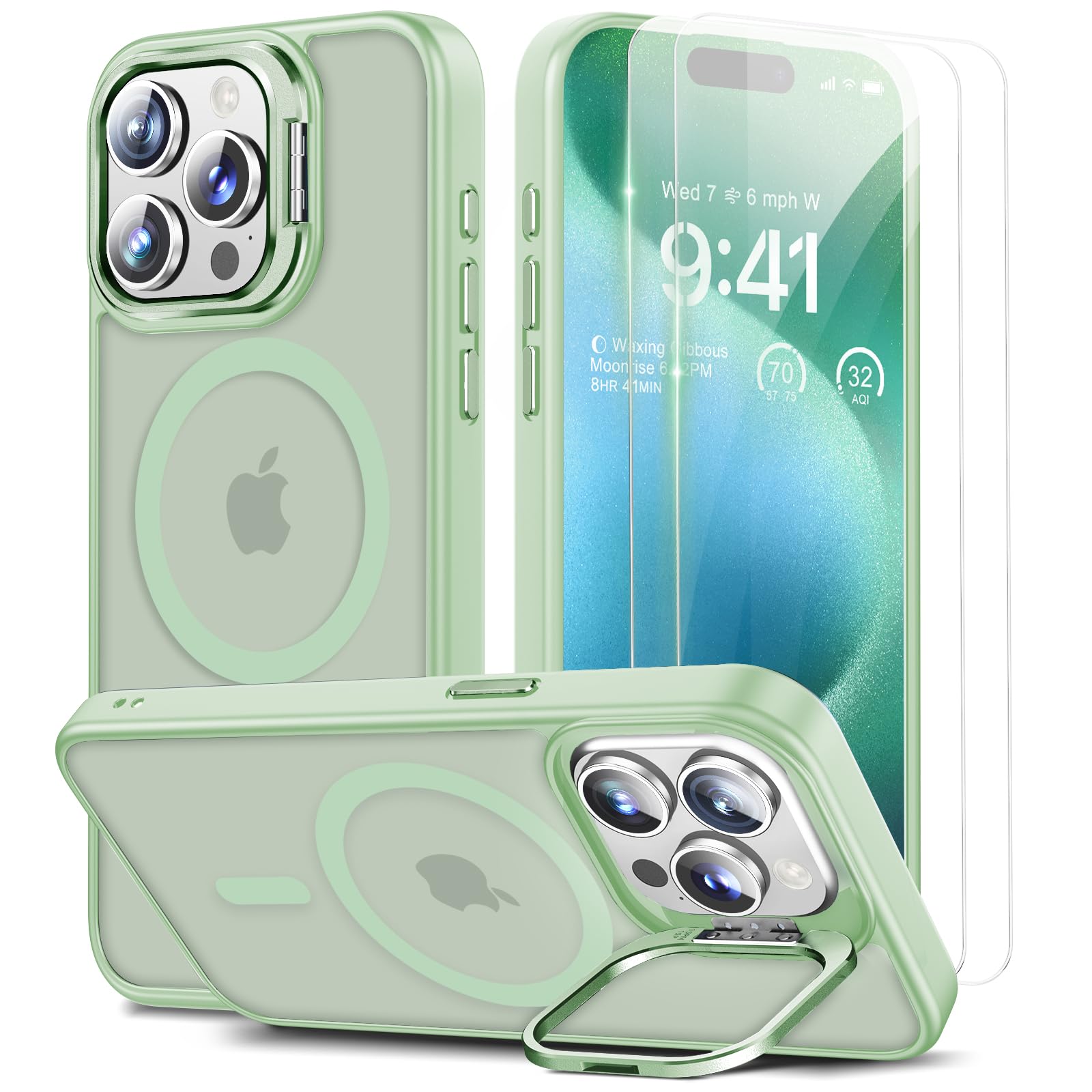 Beeasy for iPhone 15 Pro Case MagSafe Phone Case with 2 Screen Protectors and Stand, Military Shockproof Protective Slim Cover, Case for iPhone 15 Pro 6.1 Inch, Translucent Green