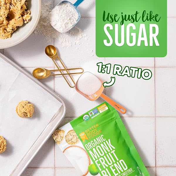 BETTERBODY FOODS ORGANIC MONK FRUIT SWEETENER BLEND, RAW CANE SUGAR SUBSTITUTE, ZERO CALORIE, KETO DIET FRIENDLY, ZERO NET CARBS, ZERO GLYCEMIC, BAKING, EXTRACT, SUGAR REPLACEMENT, 1LB, 16OZ