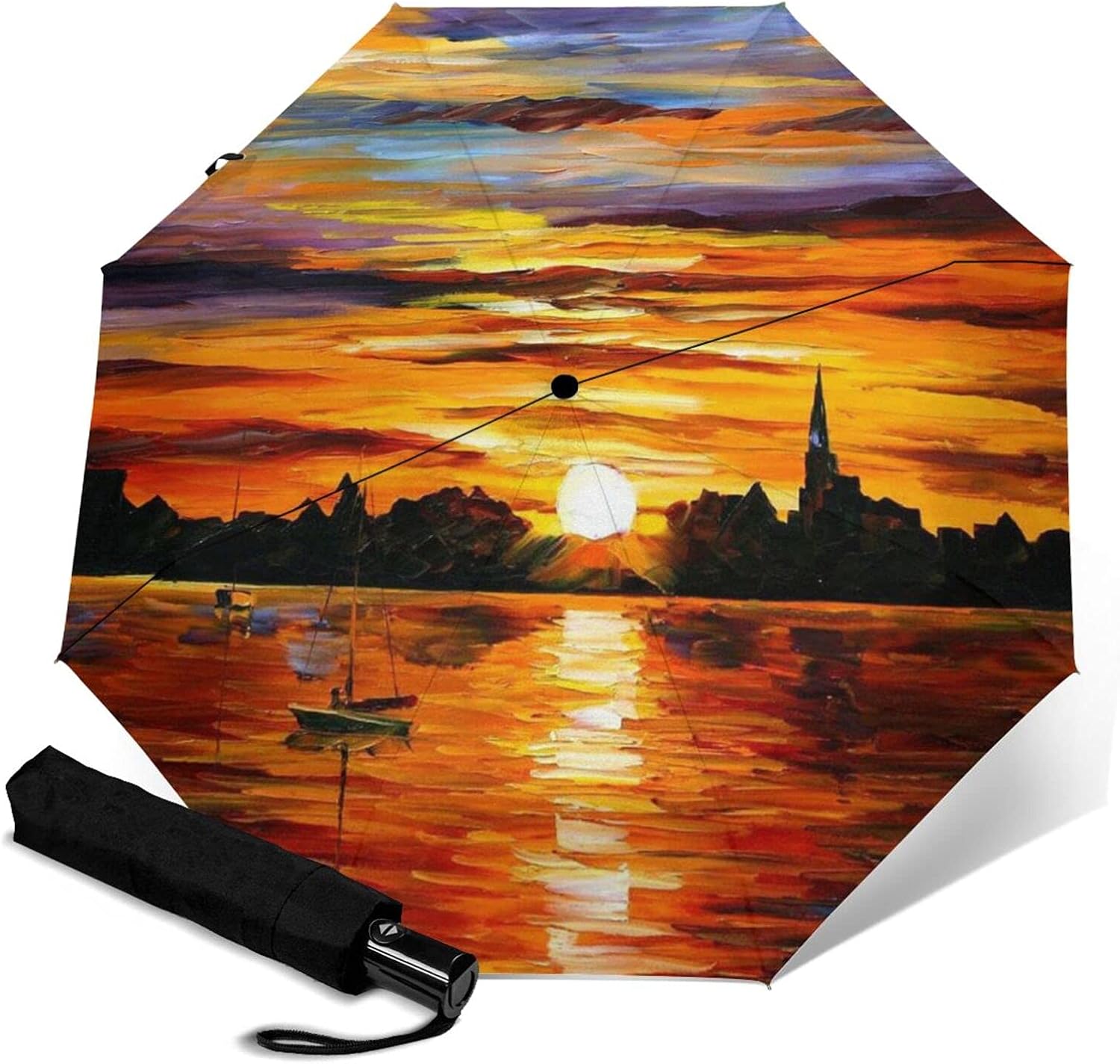Sunset Oil Painting (3) Windproof Travel Umbrella Compact