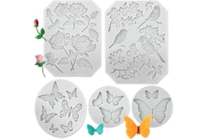 GEOGEODIY 5 Pack Butterfly Rose Flower Stems Birds Blossoms Silicone Fondant Mold, for Making Chocolate Fondant Jelly Polymer Clay Soap Crafting DIY Projects and Cake Decoration