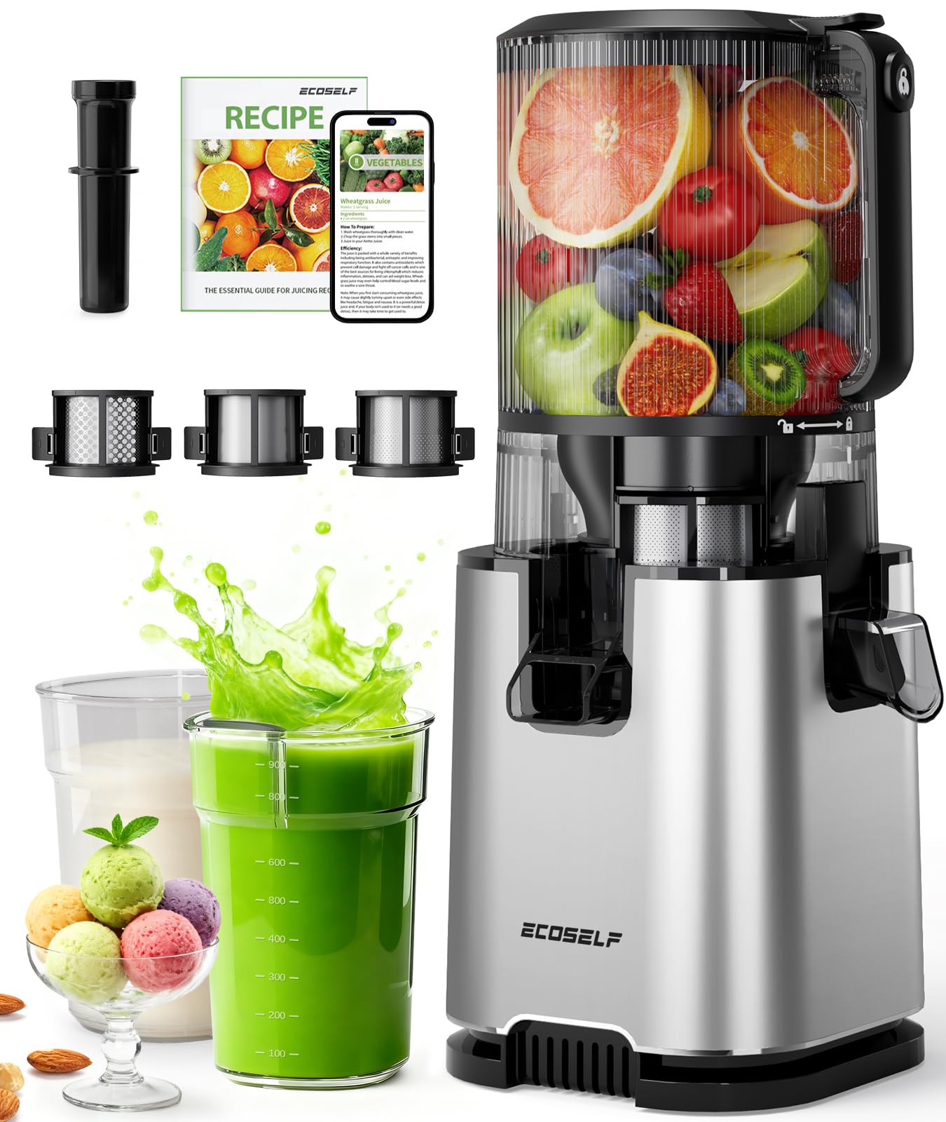 Photo 1 of ECOSELF Juicer Machines with 3 Filters (For Juice/Sorbet/Nut Milk), Slow Masticating Juicer With 6.0" Wide Mouth Hopper for Vegetables & Fruits, Self Feeding, Juicer for Family Party, With Pusher