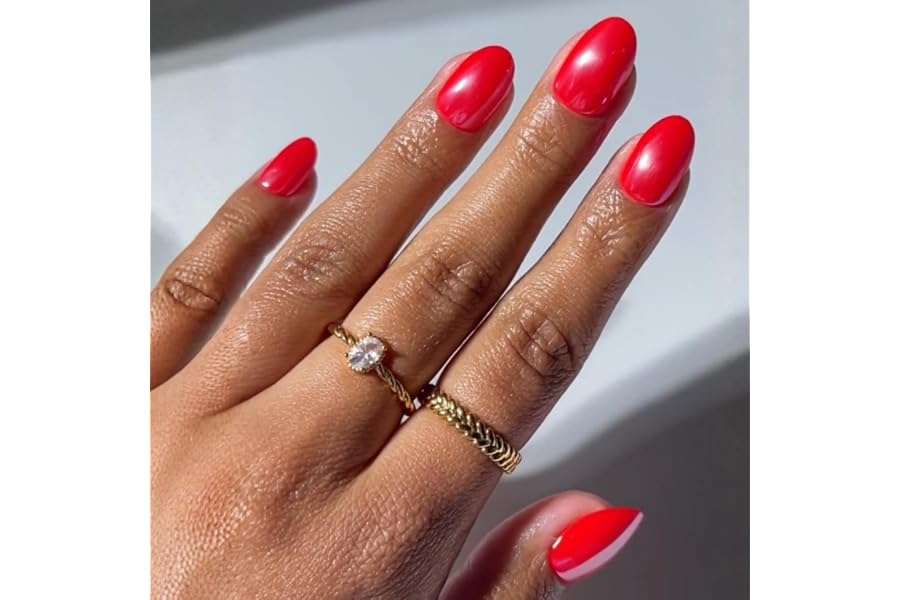 Glamnetic Press On Nails - Short Oval Fake Nails | Glazed Red Press On Nails, Salon Quality Kit with Glue | Icon Red - 30 Nail Set in 15 Sizes