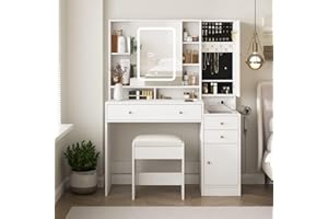 Vabches White Vanity Desk with Mirror and Lights, Vanity Table Makeup Vanity with Lights 3 Drawers and Cabinets, Charging Station & Sliding Door, Lots Storage Shelves