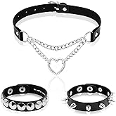 ZAGQIG 3Pcs Leather Choker Necklace for Women Heart Chain Choker Necklace Studded Bracelet Punk Gothic Emo Accessories for Halloween Outfits Cosplay