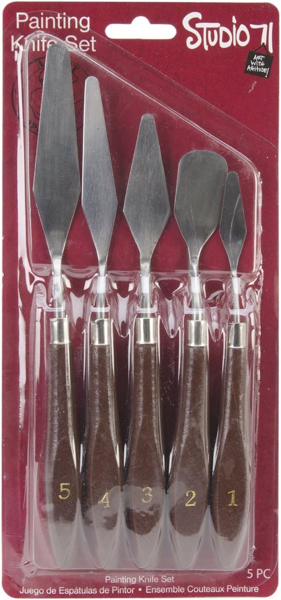 Studio 71 5-Piece Painting Knife Set – Versatile Stainless Steel and Wood Palette Paint Knife Set for Mixing Paints, Thick Paint Applications and More