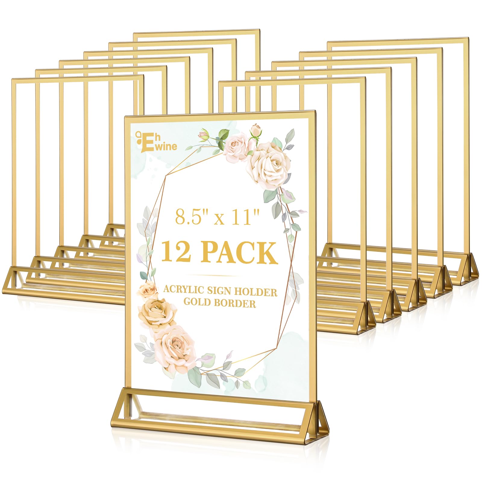 Photo 1 of EHWINE 12 Pack Acrylic Sign Holder 8.5 x 11, Double Sided Gold Picture Frame Stand up Table Top Sign Holders, Clear Display Stand Menu Flyer Holder for Wedding Party (Provide Non-slip Mats)