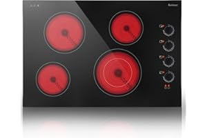 Karinear Electric Cooktop 30 Inch, 4 Burners Electric Stove Top, 30" Knob Control Built-in Radiant Ceramic Cooktop, 6700W, 220~240V Hard Wire(Black Knob)