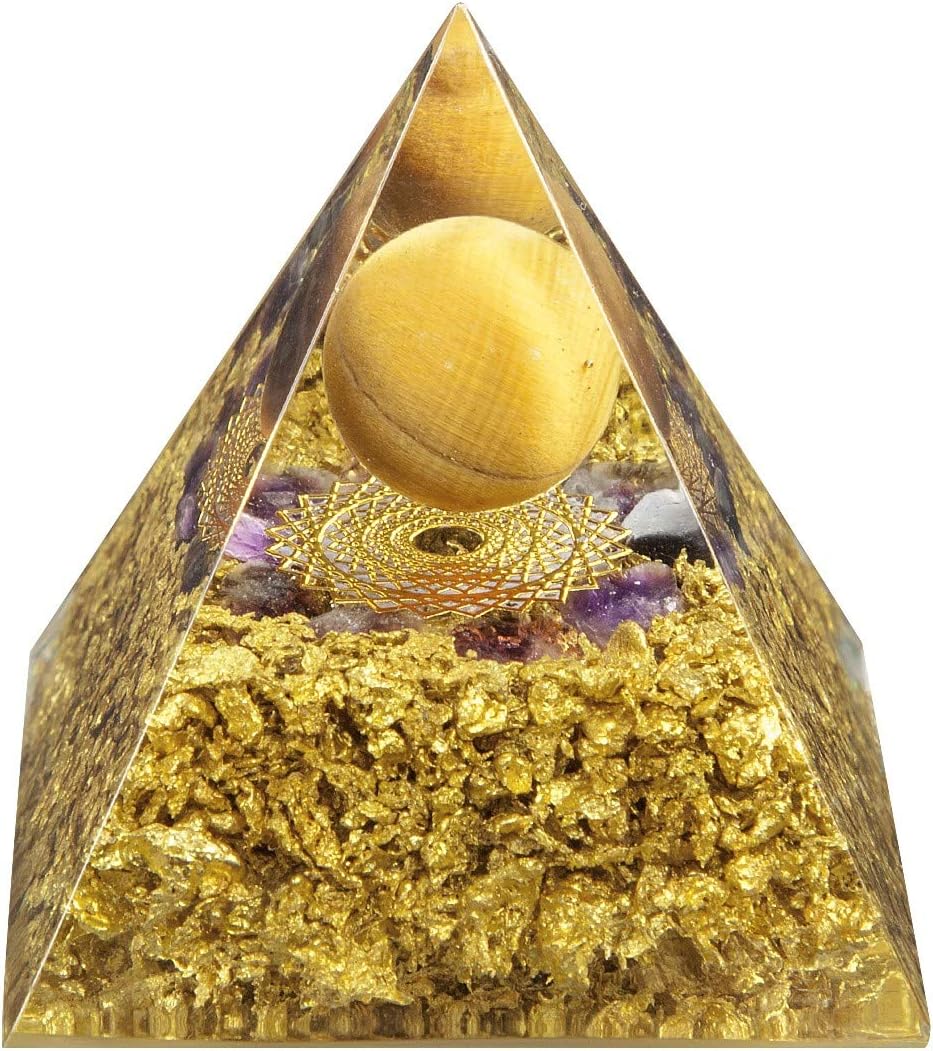 rockcloud The Crown Chakra Orgone Pyramid Tiger Eye Crystal Ball Reiki Balancing Energy Generator for EMF Protection Mediation Yoga Home Office Decor: Home & Kitchen