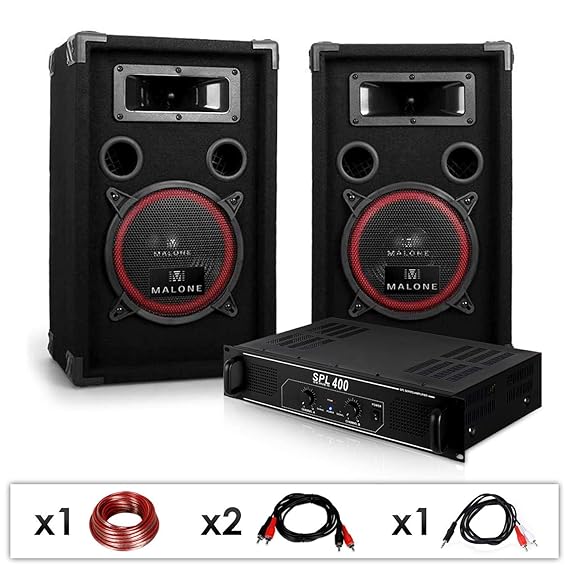 Elektronik-Star DJ PA-Set DJ-12 1000 Watt mit PA-Verstärker SPL-400 und 500W PA-Boxen Auna XEN-3580 + Kabelset