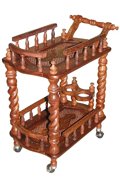 Shilpi Wooden Carved Serving Cart ( Brown, Height - 31 Inches, Width - 30 Inches, Depth - 18 Inches )