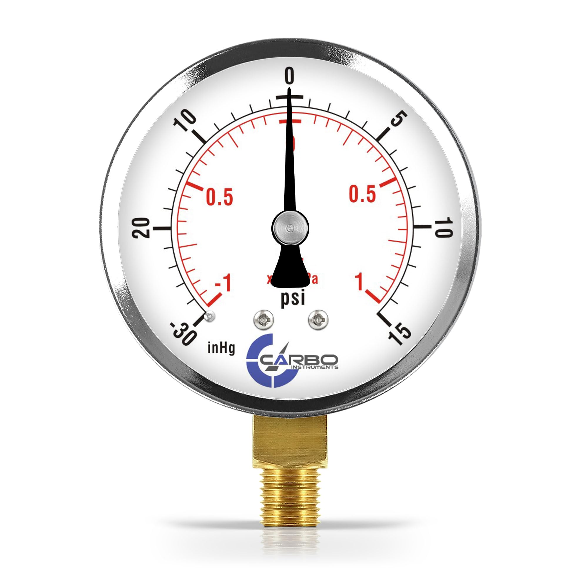 CARBO Instruments 2-1/2" Pressure Gauge, Chrome Plated Steel Case, Dry, Compound Vacuum -30 Hg - 0-15 psi Lower Mount 1/4" NPT