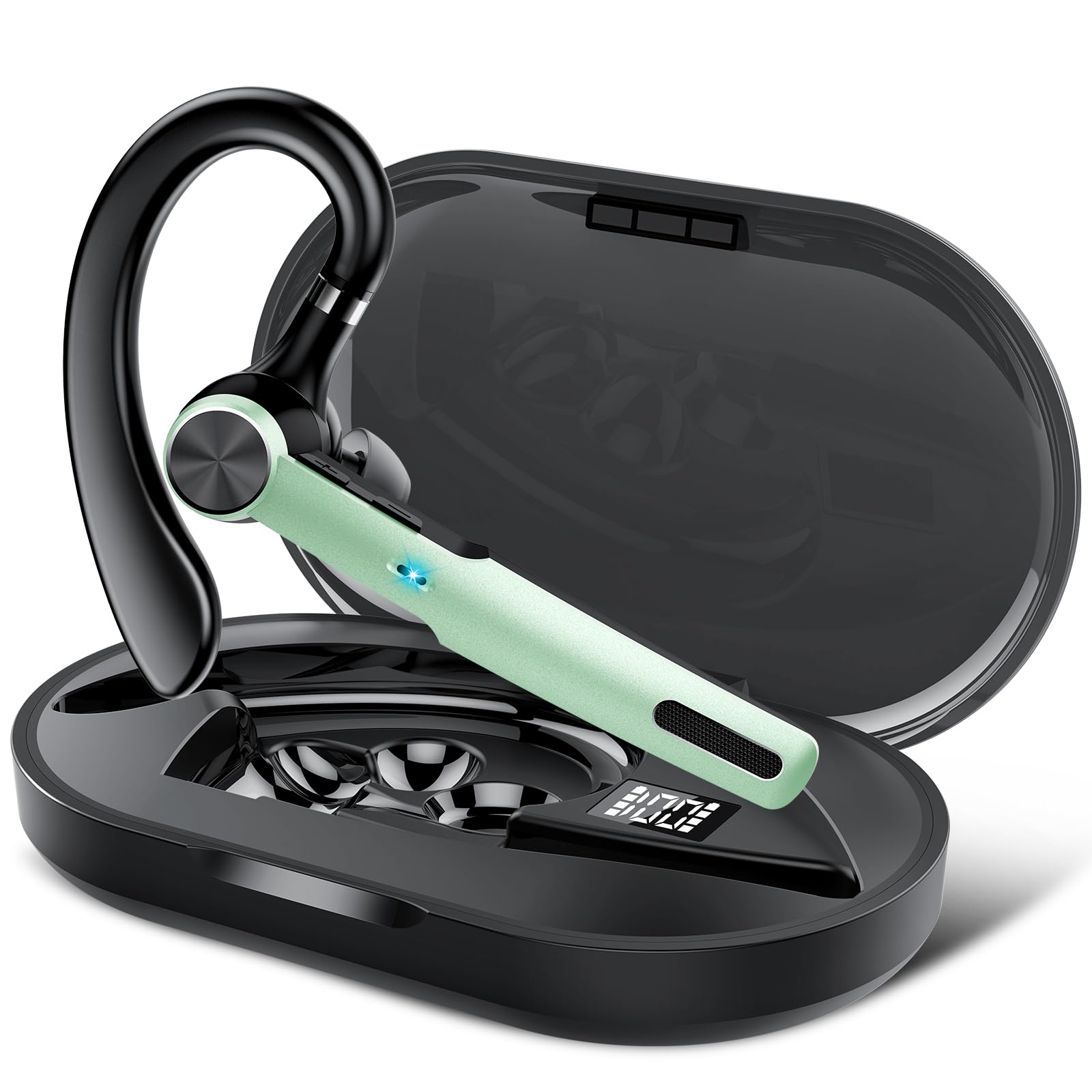 Bluetooth Headset, Wireless Headset with ENC Mic, 60H Talking Time Single-Ear Bluetooth Earpiece V5.3 with 400mAh Charging Case, IP7 Waterproof Hand-Free Headphones for iOS Android Cell Phones Green