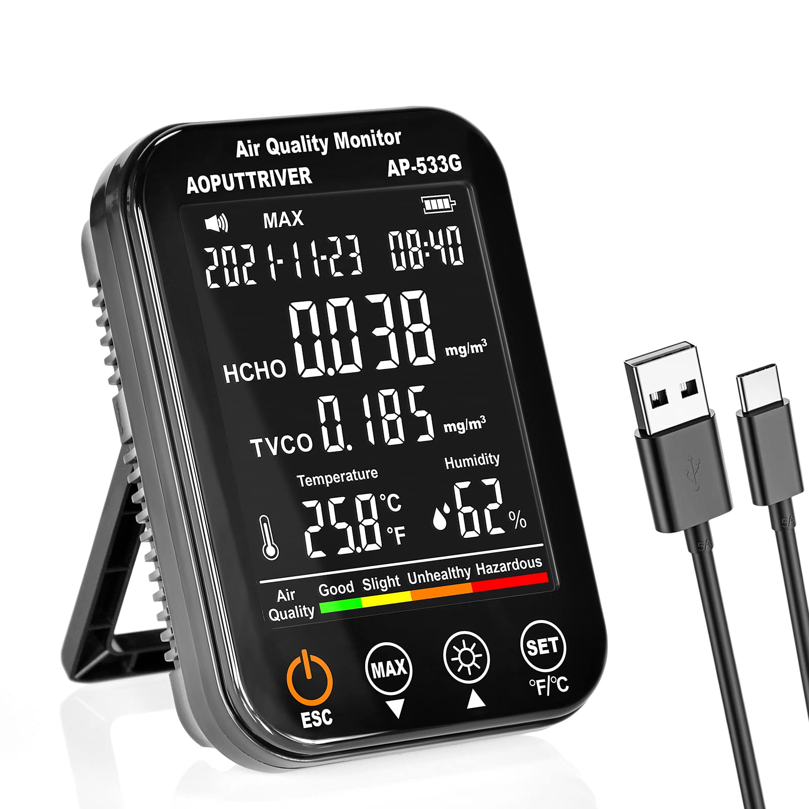 Formaldehyde Detector, Air Quality Monitor Accurate Tester for Formaldehyde(HCHO)/TVOC, Professional Indoor Air Pollution Tester with Formaldehyde, TVOC, Temp(°F/°C), Humidity for Home/Office