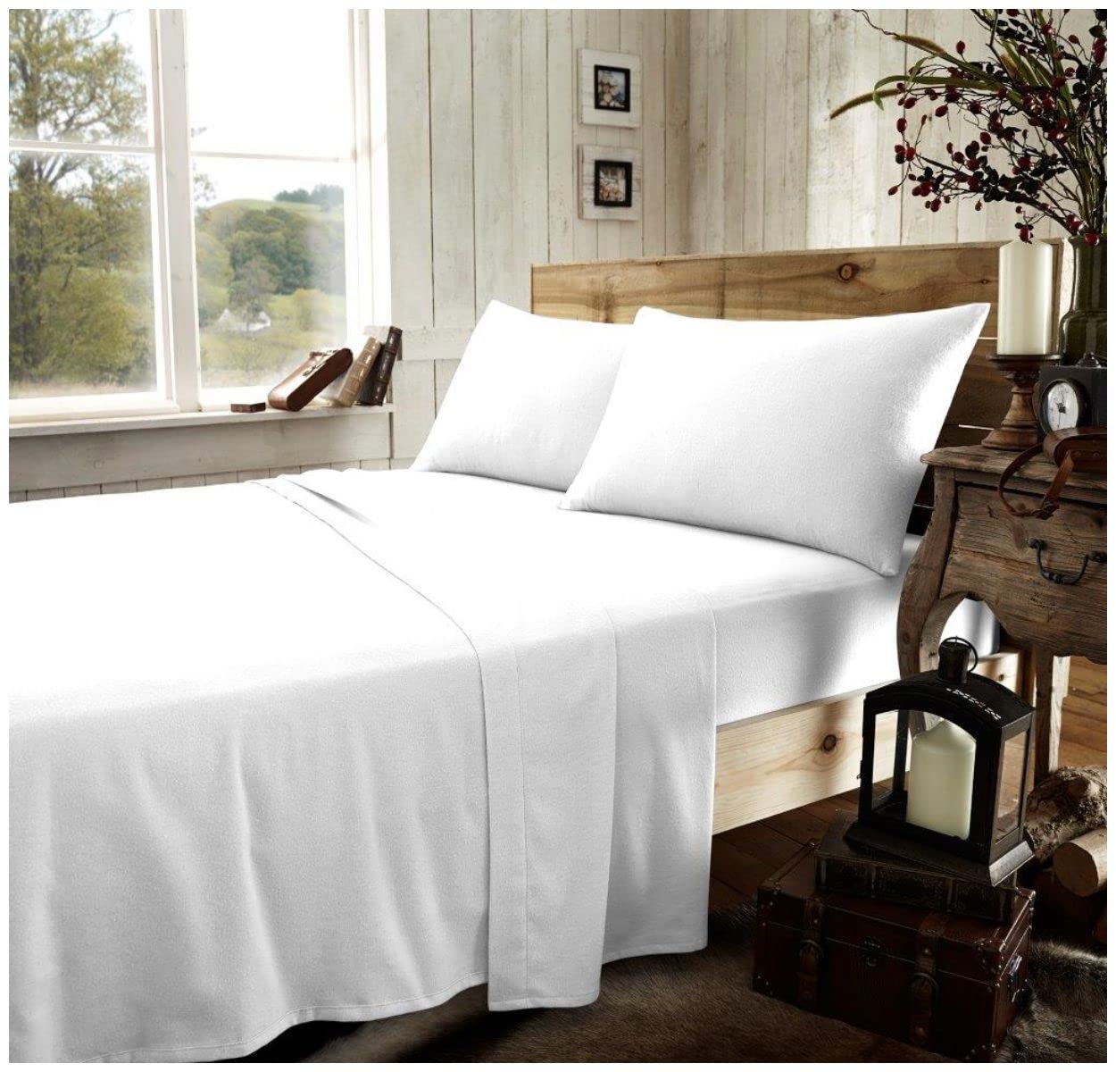 GC GAVENO CAVAILIA Brushed Cotton Bed Sheets, Flannelette Fitted Sheet With Pillowcases, Plain Flat Sheet Double, White