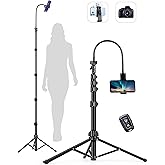 Phone Tripod Stand, Selfie Stick Tripod, 86.6" Tall Cell Phone Tripod with Adjustable Gooseneck Remote Phone Holder, Tripod f