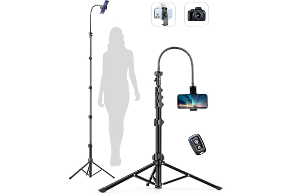 Phone Tripod Stand, Selfie Stick Tripod, 86.6" Tall Cell Phone Tripod with Adjustable Gooseneck Remote Phone Holder, Tripod f