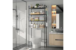 PrimeZone Over The Toilet Storage Shelf - 4 Tier Adjustable Metal Bathroom Shelves Organizer with 2 Hooks, Freestanding Above