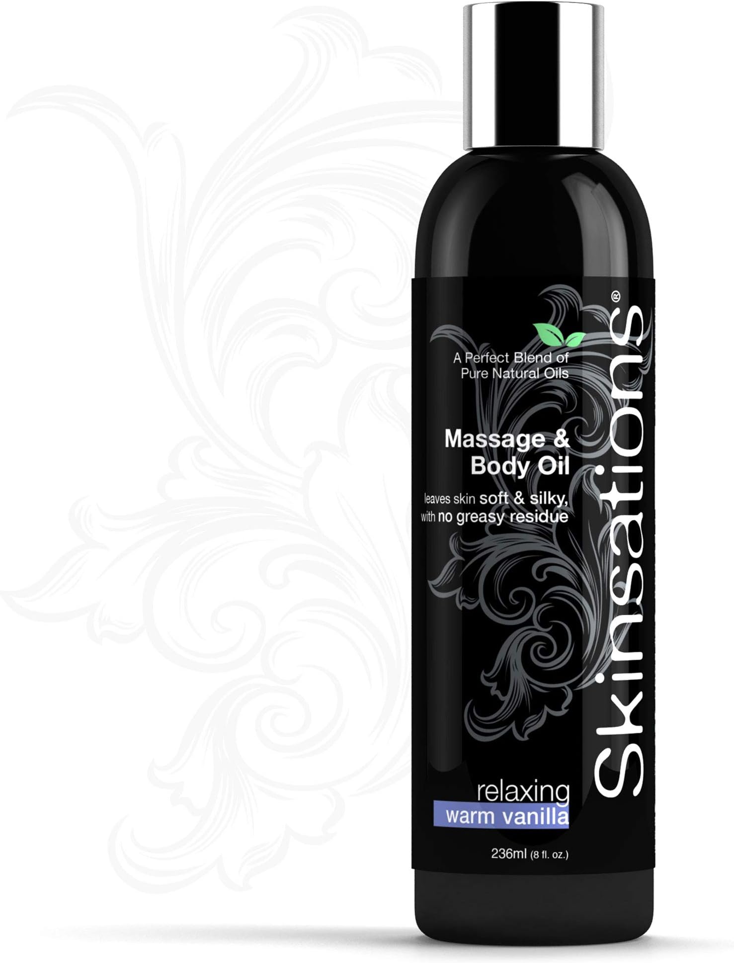Skinsations - Vanilla Massage & Body Oil - 8oz | Lightweight & Silky Soft Blend of Edible Sweet Almond, Fractionated Coconut, Grapeseed & Jojoba Oils with Natural Vanilla Flavor for Him and Her