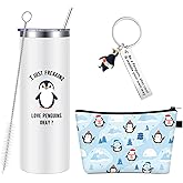 Newtay 3 Pcs Penguin Gifts for Women Including Cute Stainless Steel Penguin Tumbler Wine Tumbler with Straw and Brush 8 Hair Ties and Cosmetic Bag